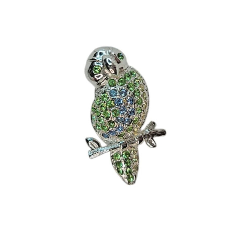 Vintage Monet Silver Tone Owl Bird Green Blue Rhinestones Brooch Pin - Picture 4 of 6
